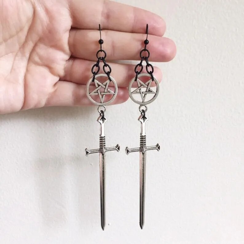 Gothic Black Night Warrior Earrings Sun Ring Sword Earrings Classic Eardrop Big Sword Statement Mystical Jewellery Women Gift