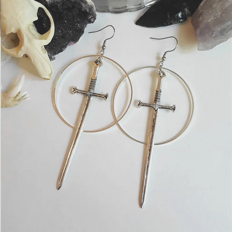 Gothic Black Night Warrior Earrings Sun Ring Sword Earrings Classic Eardrop Big Sword Statement Mystical Jewellery Women Gift