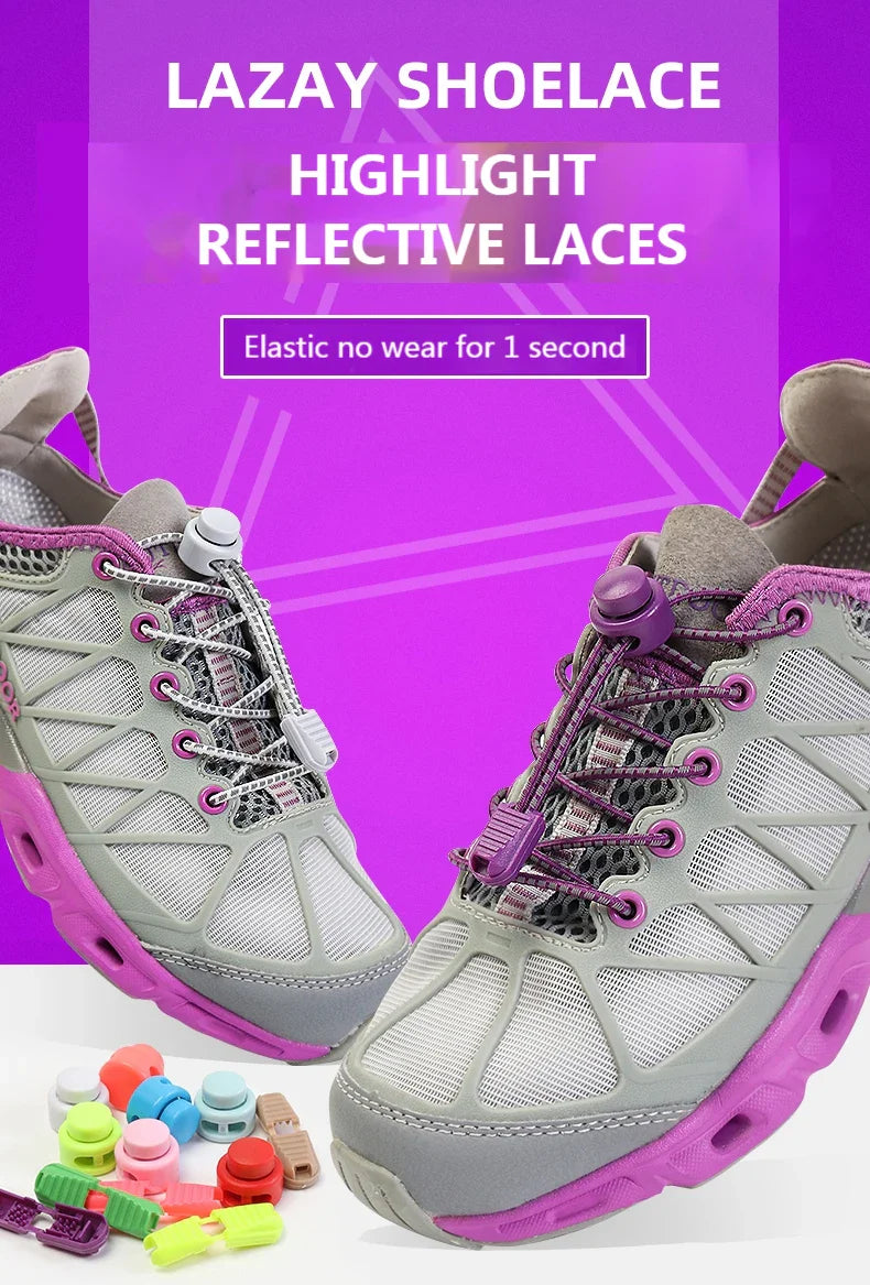 1 Pair Elastic Shoelaces Reflective Push The Spring Lock No Tie Shoe Laces Used For Sneakers Hiking Shoes Lazy Lace Round