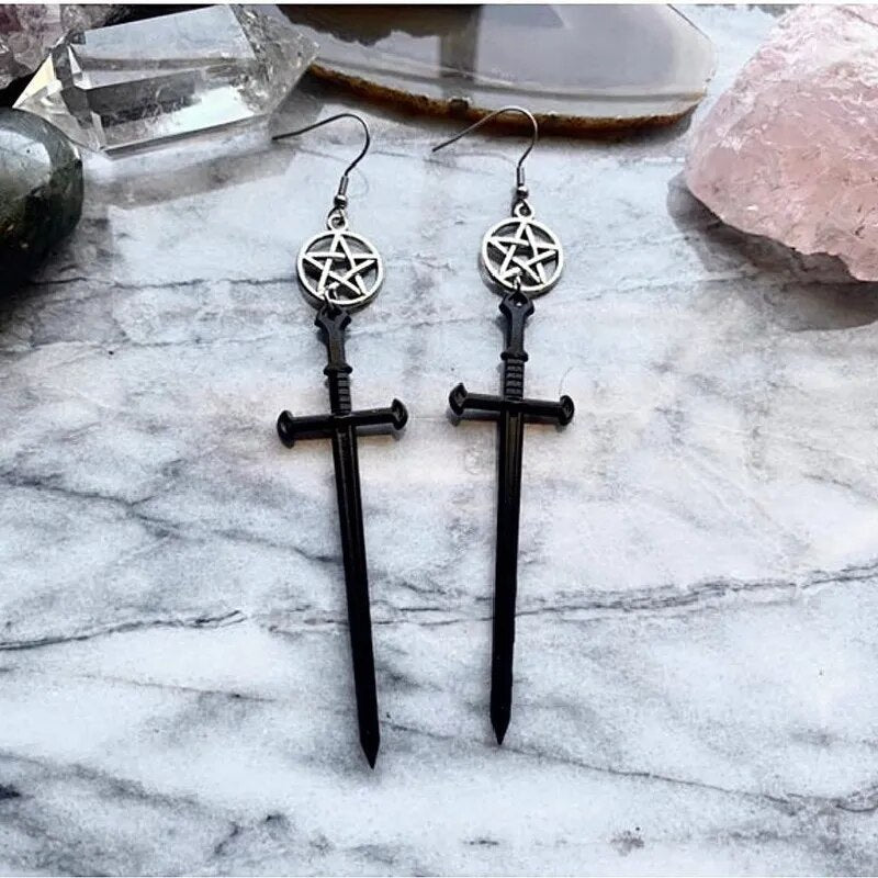 Gothic Black Night Warrior Earrings Sun Ring Sword Earrings Classic Eardrop Big Sword Statement Mystical Jewellery Women Gift