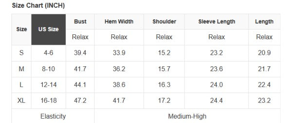 Heart Button Front Sweater Size Chart in inches