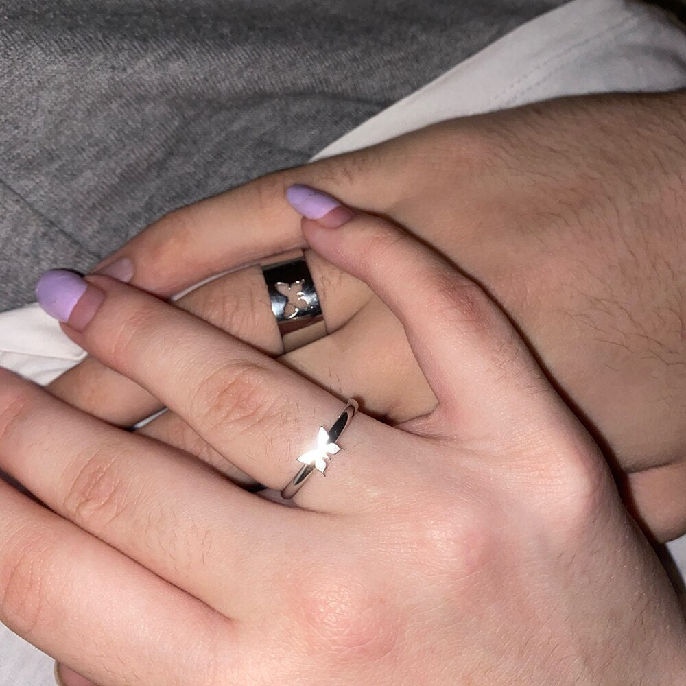Vintage Butterfly Rings For Women Men Couple Ring Set Open Cuff Engagement Wedding Rings Adjustable Matching Ring Jewelry Bague