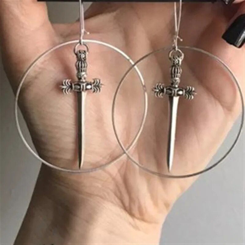 Gothic Black Night Warrior Earrings Sun Ring Sword Earrings Classic Eardrop Big Sword Statement Mystical Jewellery Women Gift
