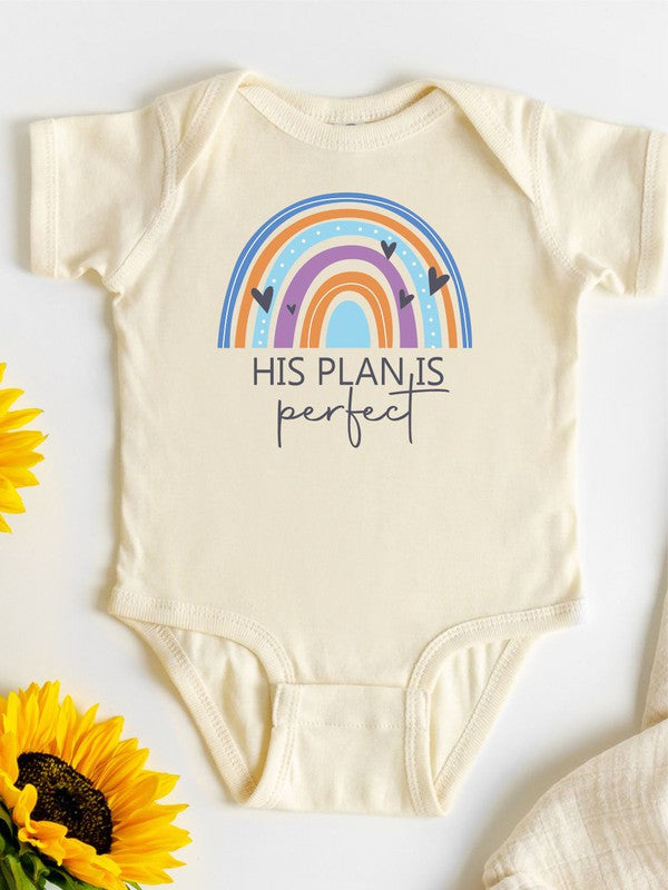 Baby onesie with “His Plan Is Perfect” design, breathable cotton fabric, snap leg closure — perfect for newborns