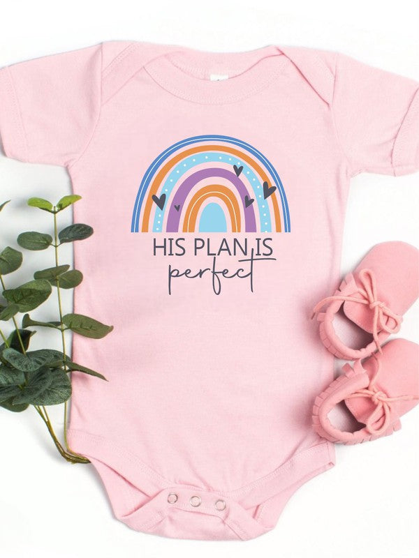 Baby onesie with “His Plan Is Perfect” design, breathable cotton fabric, snap leg closure — perfect for newborns