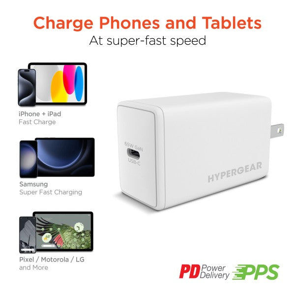 Meet the HyperGear 65W USB-C PD PPS GaN Charger—your ultra-compact solution for high-speed charging across laptops, tablets, and smartphones. Powered by next-gen GaN technology, it delivers serious performance in a pocket-sized build. Whether you're working remotely or traveling light, this charger keeps your gear juiced and your workflow uninterrupted.