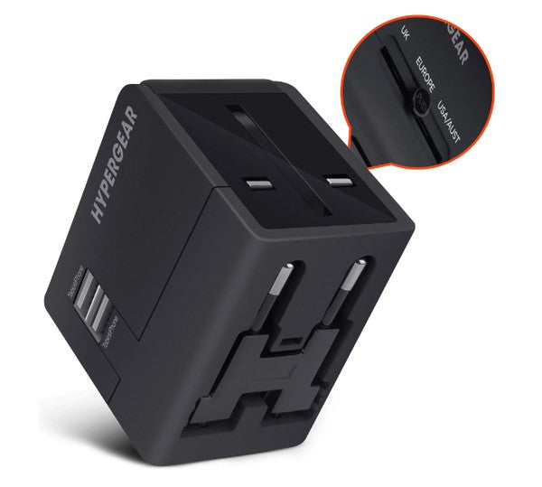 HYPERGEAR travel adapter—multi-region plugs with dual USB ports for phones and tablets