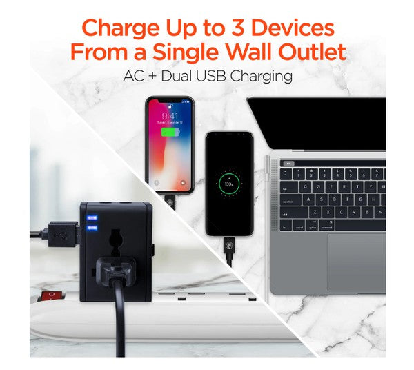 AC + dual USB charger—powers up to 3 devices from one wall outlet.