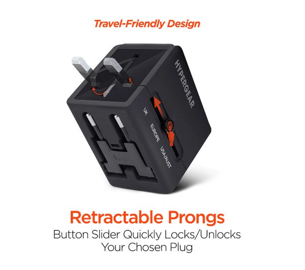HYPERGEAR travel adapter—retractable prongs with quick-lock slider for UK, EU, and US/AUS plugs.