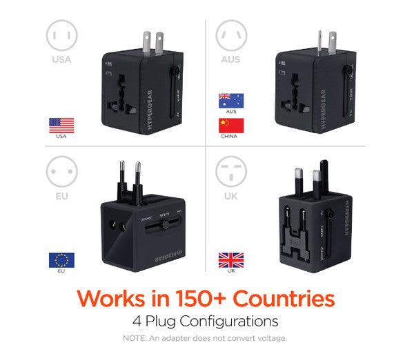 HYPERGEAR travel adapter—retractable prongs with quick-lock slider for UK, EU, and US/AUS plugs.
