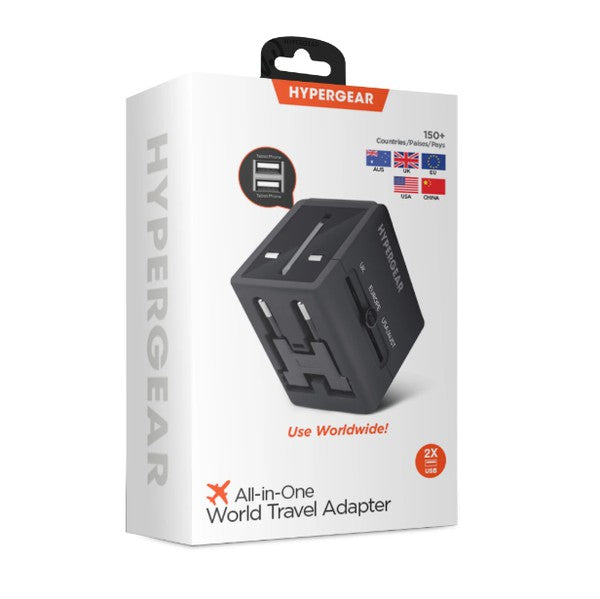 HYPERGEAR travel adapter—retractable prongs with quick-lock slider for UK, EU, and US/AUS plugs.