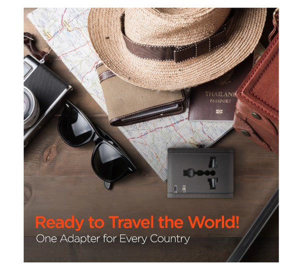 HYPERGEAR travel adapter—retractable prongs with quick-lock slider for UK, EU, and US/AUS plugs.