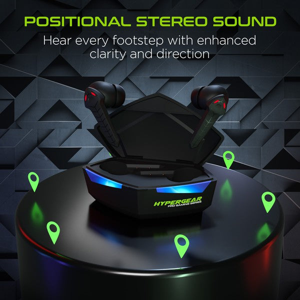 Hypergear wireless earbuds with charging case—feature positional stereo sound for directional clarity, ideal for immersive gaming.