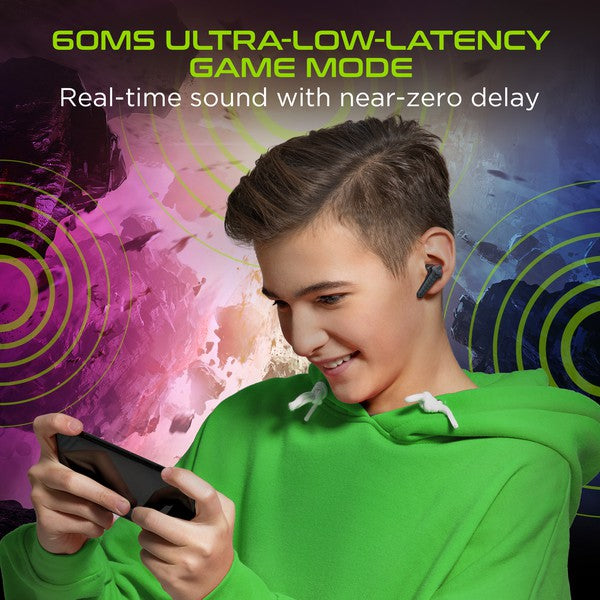 Young gamer in green hoodie using wireless earbuds—set against a vibrant digital backdrop, promoting 60ms ultra-low-latency game mode for real-time, lag-free audio.