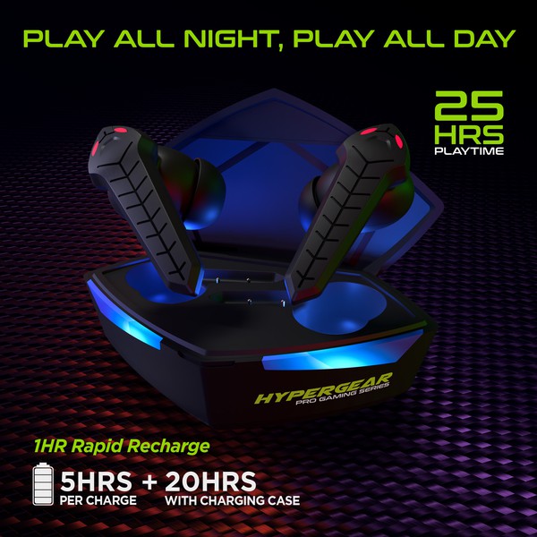 HyperGear Pro Gaming Series wireless earbuds in LED-lit charging case—highlight 25-hour playtime with rapid recharge, designed for all-day and all-night gaming.