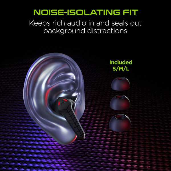 Stylized ear with sleek black and red earbud inserted—promotes noise-isolating fit with included S/M/L ear tips to seal out distractions and enhance rich audio.
