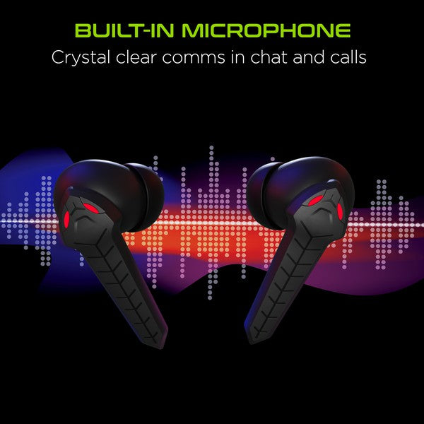 Futuristic black wireless earbuds with red accents—set against a vibrant soundwave graphic, highlighting built-in microphone for crystal-clear chat and call communication.