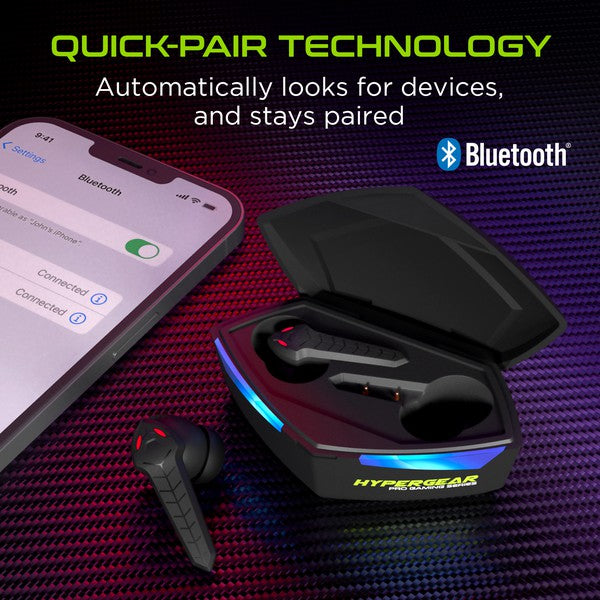 HyperGear wireless earbuds with sleek LED-lit case—highlight Quick-Pair Technology for automatic Bluetooth connection and seamless device pairing.