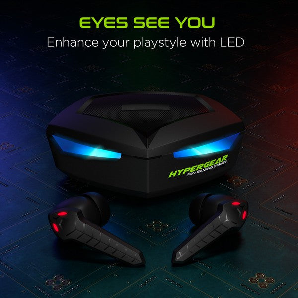 HyperGear Pro Gaming Series earbuds in glowing blue case with red LED accents—promote enhanced playstyle through striking LED design and futuristic aesthetics.