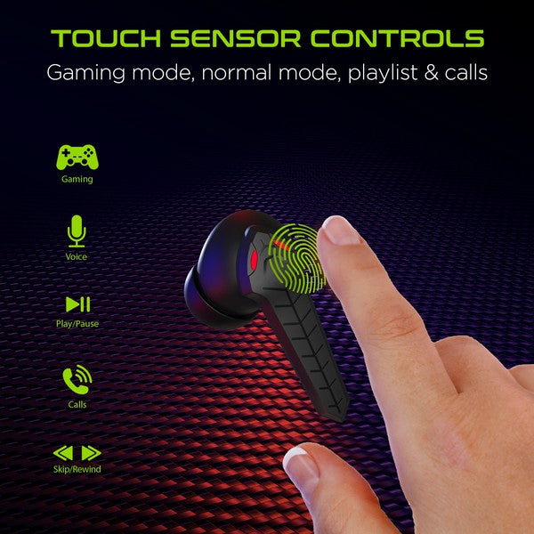 Wireless earbuds with touch sensor controls—highlight multifunctional tap features for gaming, music, calls, and voice commands, set against a vibrant tech-themed background.