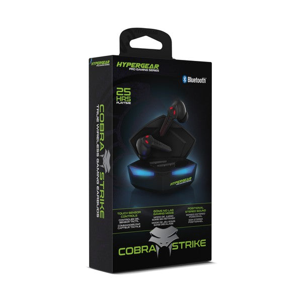 HyperGear Cobra Strike earbuds—25-hour playtime, dual mics, touch controls, and lag-free Bluetooth audio for seamless gaming.