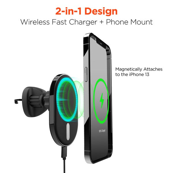 A sleek MagSafe-compatible car charger with a glowing blue ring, mounted on an air vent, wirelessly charging a smartphone via USB-C input.
