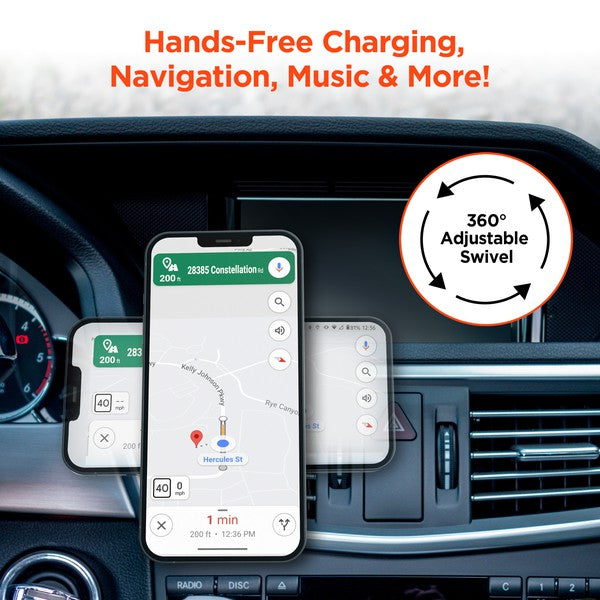 A sleek MagSafe-compatible car charger with a glowing blue ring, mounted on an air vent, wirelessly charging a smartphone via USB-C input.