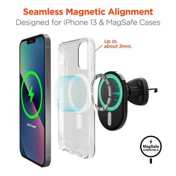 A sleek MagSafe-compatible car charger with a glowing blue ring, mounted on an air vent, wirelessly charging a smartphone via USB-C input.