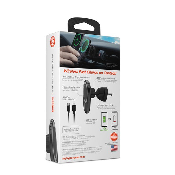A sleek MagSafe-compatible car charger with a glowing blue ring, mounted on an air vent, wirelessly charging a smartphone via USB-C input.