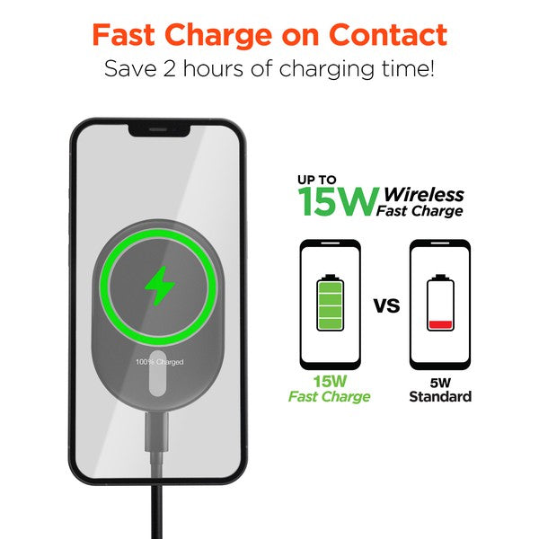 A sleek MagSafe-compatible car charger with a glowing blue ring, mounted on an air vent, wirelessly charging a smartphone via USB-C input.