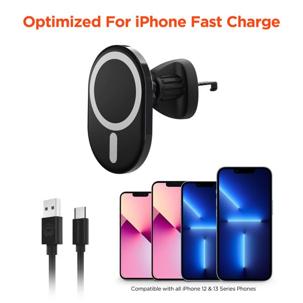 A sleek MagSafe-compatible car charger with a glowing blue ring, mounted on an air vent, wirelessly charging a smartphone via USB-C input.