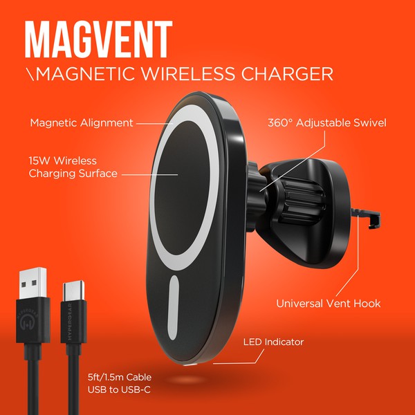 A sleek MagSafe-compatible car charger with a glowing blue ring, mounted on an air vent, wirelessly charging a smartphone via USB-C input.