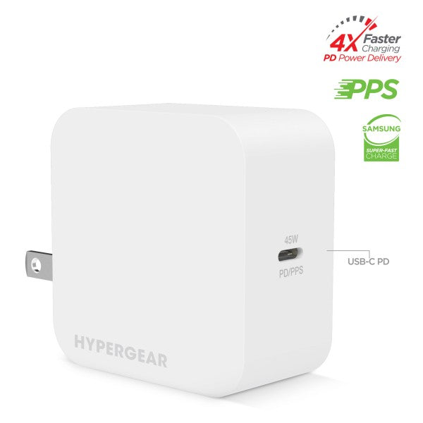 Charge smarter and faster with the HyperGear SpeedBoost 45W USB-C Wall Charger—your compact solution for powering laptops, tablets, and smartphones with blazing efficiency. Whether you're working, traveling, or gaming, this charger delivers reliable performance in a sleek, travel-ready design.