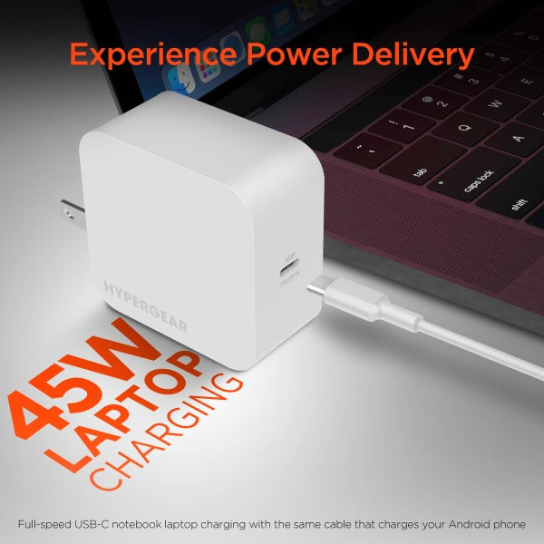 Charge smarter and faster with the HyperGear SpeedBoost 45W USB-C Wall Charger—your compact solution for powering laptops, tablets, and smartphones with blazing efficiency. Whether you're working, traveling, or gaming, this charger delivers reliable performance in a sleek, travel-ready design.