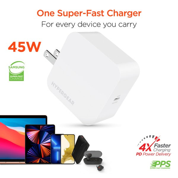 Charge smarter and faster with the HyperGear SpeedBoost 45W USB-C Wall Charger—your compact solution for powering laptops, tablets, and smartphones with blazing efficiency. Whether you're working, traveling, or gaming, this charger delivers reliable performance in a sleek, travel-ready design.