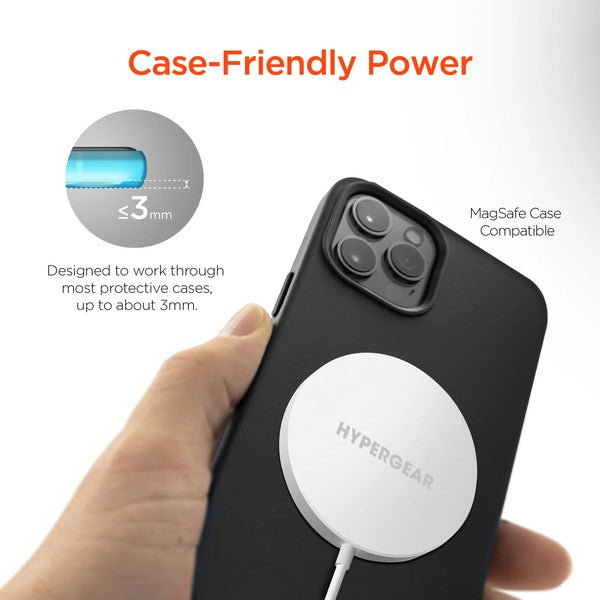 A MagSafe-compatible wireless charging pad with USB-C input, magnetically charging a smartphone with glowing green and blue LED indicators.