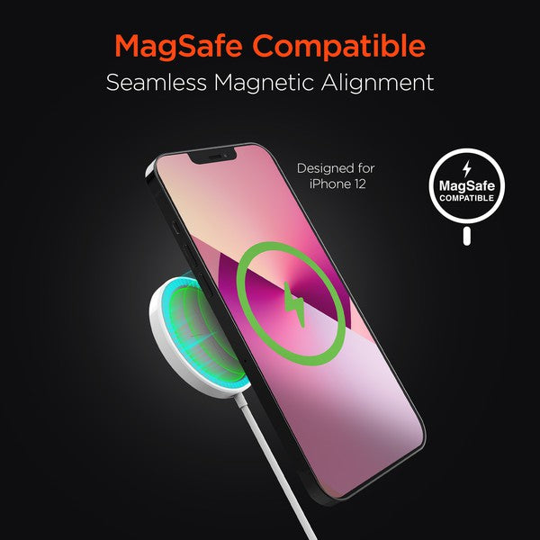 A MagSafe-compatible wireless charging pad with USB-C input, magnetically charging a smartphone with glowing green and blue LED indicators.