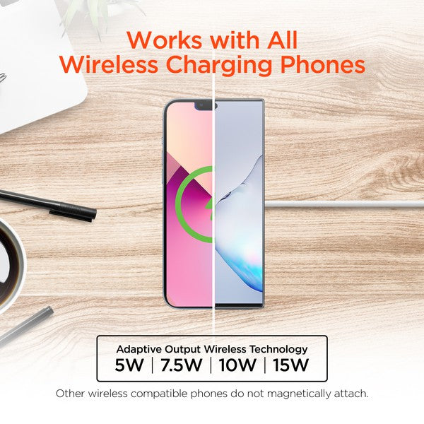 A MagSafe-compatible wireless charging pad with USB-C input, magnetically charging a smartphone with glowing green and blue LED indicators.