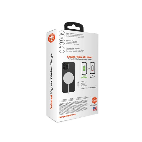A MagSafe-compatible wireless charging pad with USB-C input, magnetically charging a smartphone with glowing green and blue LED indicators.