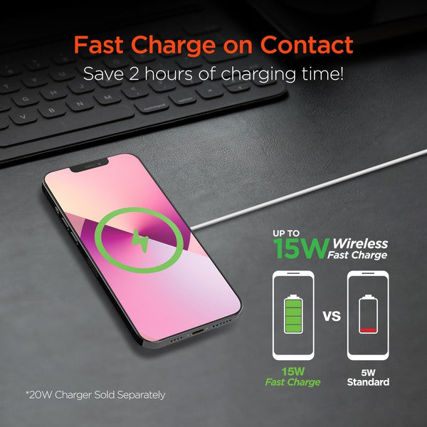 A MagSafe-compatible wireless charging pad with USB-C input, magnetically charging a smartphone with glowing green and blue LED indicators.
