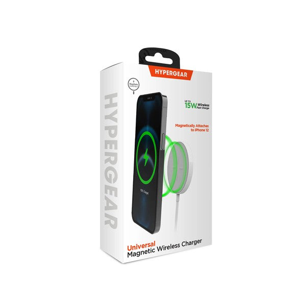 A MagSafe-compatible wireless charging pad with USB-C input, magnetically charging a smartphone with glowing green and blue LED indicators.