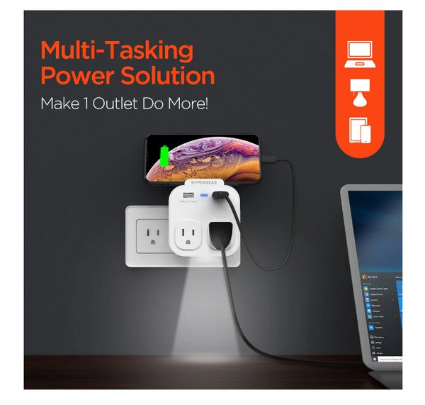 A compact HYPERGEAR outlet adapter with two AC sockets, two USB ports, and a blue indicator light—ideal for charging multiple devices.