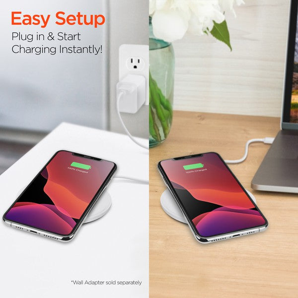 A HYPERGEAR Qi wireless charging pad powering a smartphone to 100%, with a connected cable and glowing charge indicator.