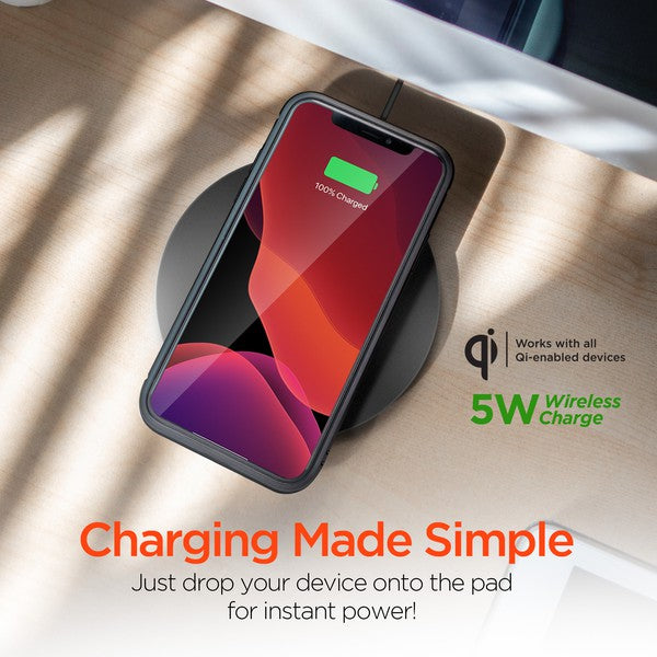 A HYPERGEAR Qi wireless charging pad powering a smartphone to 100%, with a connected cable and glowing charge indicator.