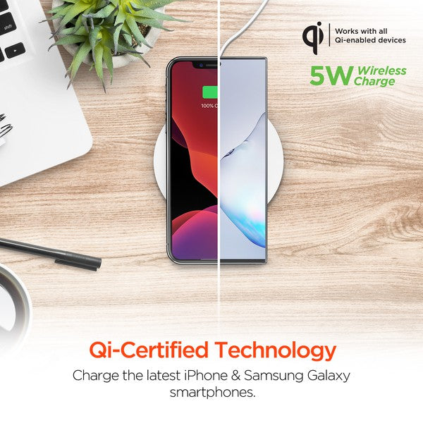 A HYPERGEAR Qi wireless charging pad powering a smartphone to 100%, with a connected cable and glowing charge indicator.