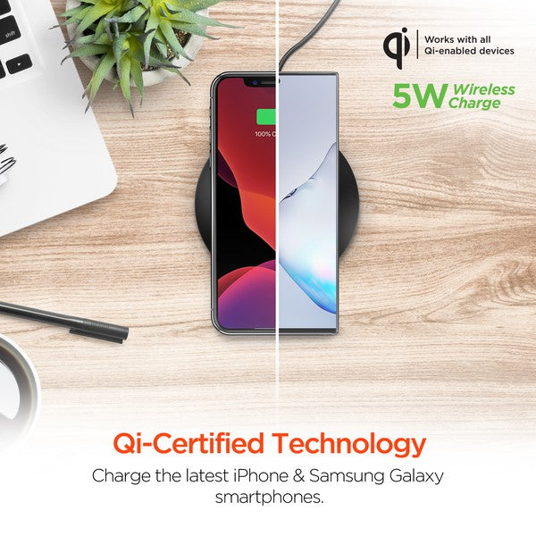 A HYPERGEAR Qi wireless charging pad powering a smartphone to 100%, with a connected cable and glowing charge indicator.