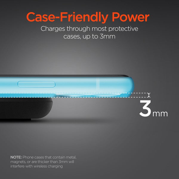 A HYPERGEAR Qi wireless charging pad powering a smartphone to 100%, with a connected cable and glowing charge indicator.