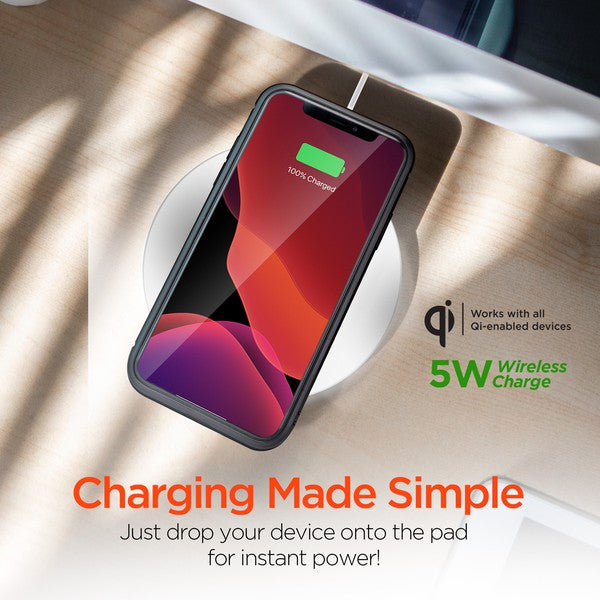 AA HYPERGEAR Qi wireless charging pad powering a smartphone to 100%, with a connected cable and glowing charge indicator.