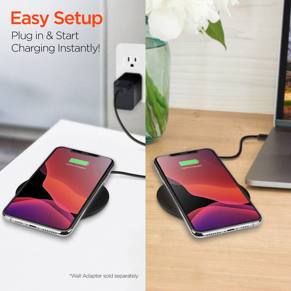 A HYPERGEAR Qi wireless charging pad powering a smartphone to 100%, with a connected cable and glowing charge indicator.