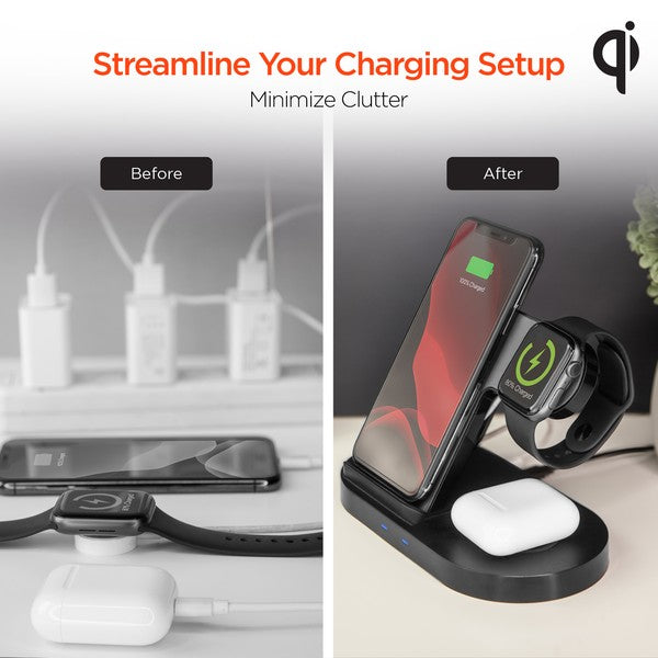 Streamline your charging setup with the HyperGear 3-in-1 Wireless Charging Dock—your all-in-one solution for powering up your smartphone, smartwatch, and earbuds simultaneously. With fast wireless charging, dual coil technology, and a sleek upright design, this dock keeps your essentials charged and your space clean.